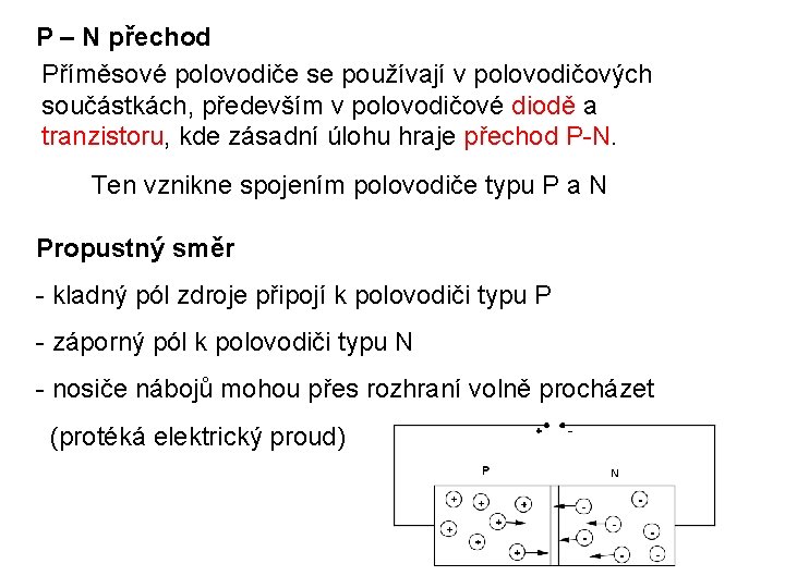 P – N přechod Příměsové polovodiče se používají v polovodičových součástkách, především v polovodičové