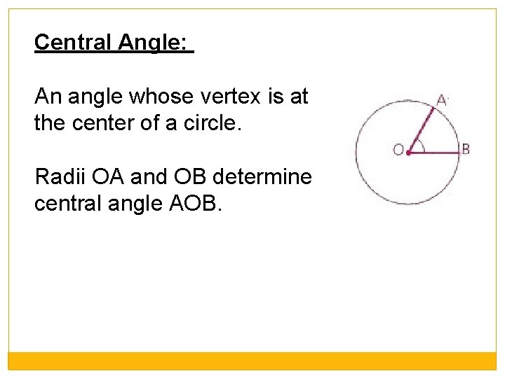 Central Angle: An angle whose vertex is at the center of a circle. Radii