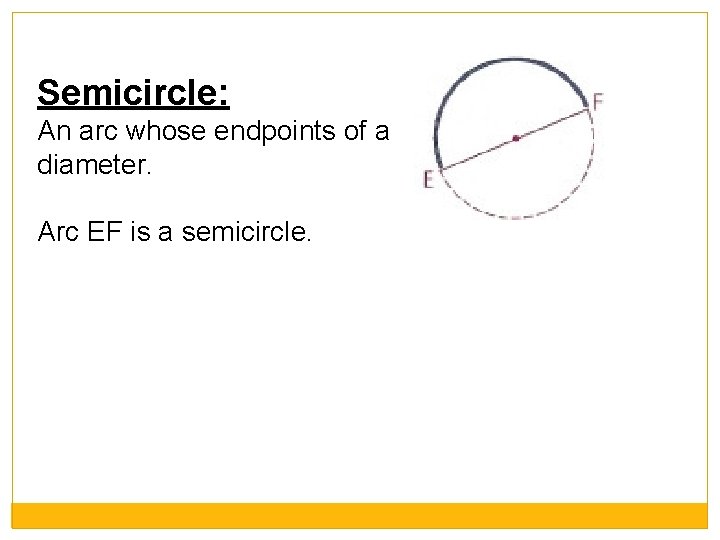 Semicircle: An arc whose endpoints of a diameter. Arc EF is a semicircle. 