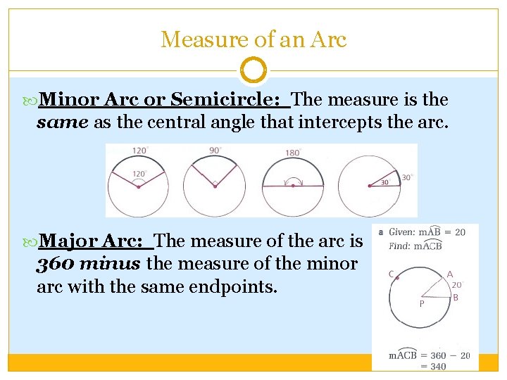 Measure of an Arc Minor Arc or Semicircle: The measure is the same as