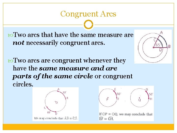 Congruent Arcs Two arcs that have the same measure are not necessarily congruent arcs.