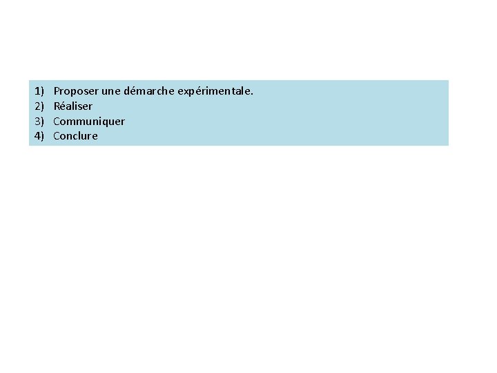 1) 2) 3) 4) Proposer une démarche expérimentale. Réaliser Communiquer Conclure 