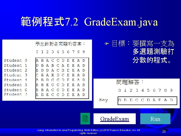 範例程式 7. 2 Grade. Exam. java F 目標:要撰寫一支為 多選題測驗打 分數的程式。 Grade. Exam Liang, Introduction 範例程式 7. 2 Grade. Exam. java F 目標:要撰寫一支為 多選題測驗打 分數的程式。 Grade. Exam Liang, Introduction