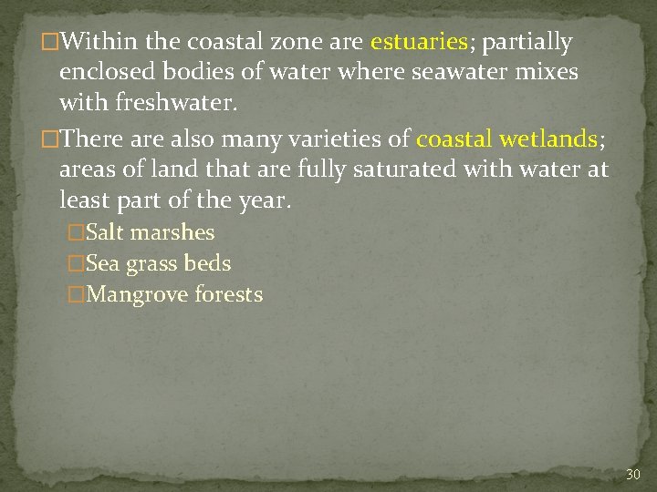 �Within the coastal zone are estuaries; partially enclosed bodies of water where seawater mixes