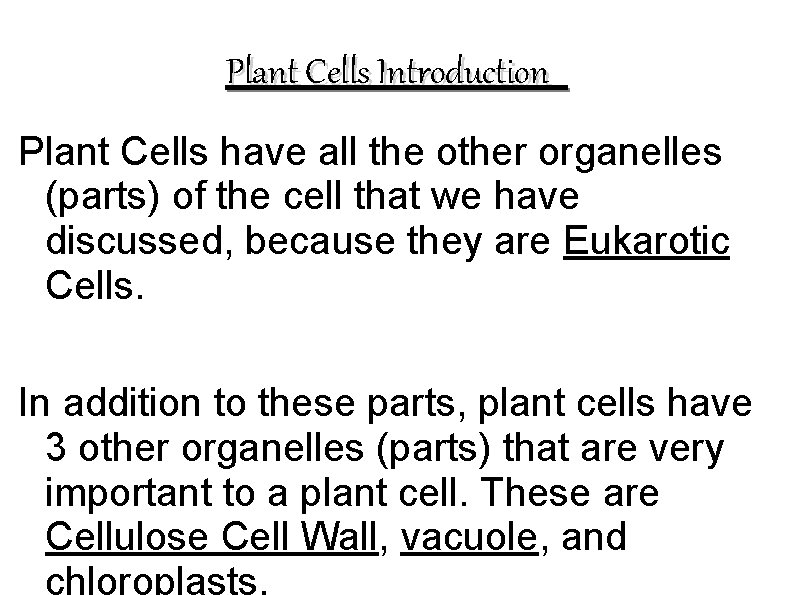 Plant Cells Introduction Plant Cells have all the other organelles (parts) of the cell