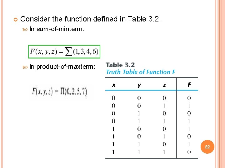  Consider the function defined in Table 3. 2. In sum-of-minterm: In product-of-maxterm: 22