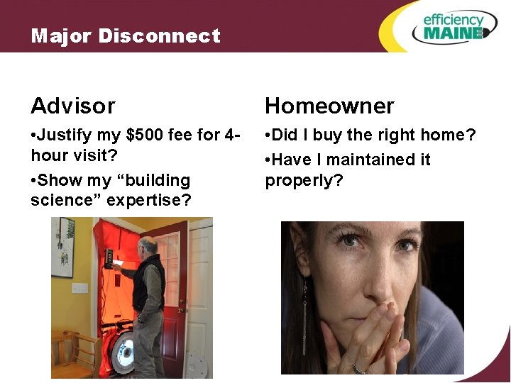 Major Disconnect Advisor Homeowner • Justify my $500 fee for 4 hour visit? •