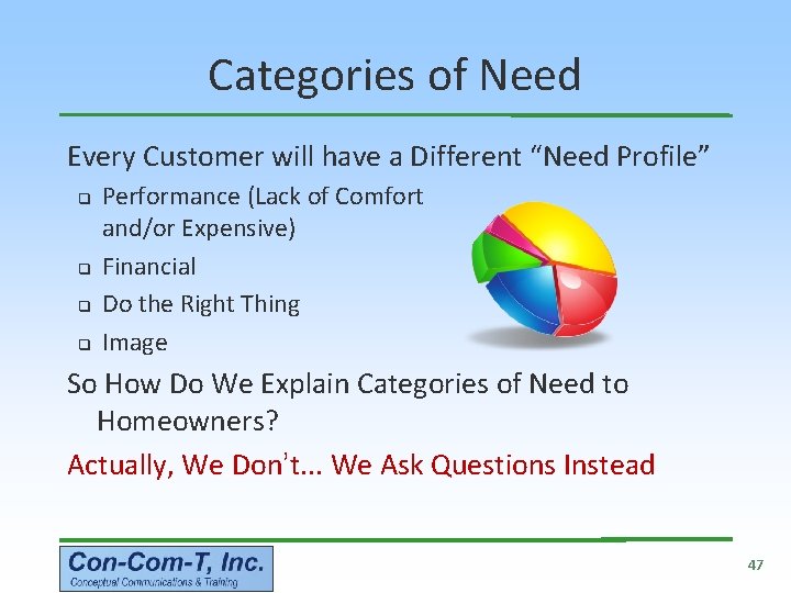 Categories of Need Every Customer will have a Different “Need Profile” q q Performance