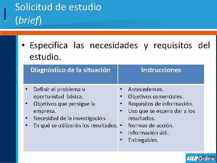 Solicitud de estudio (brief) • Especifica las necesidades y requisitos del estudio. Diagnóstico de