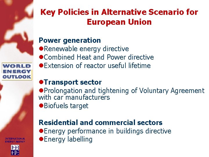 Key Policies in Alternative Scenario for European Union Power generation l. Renewable energy directive