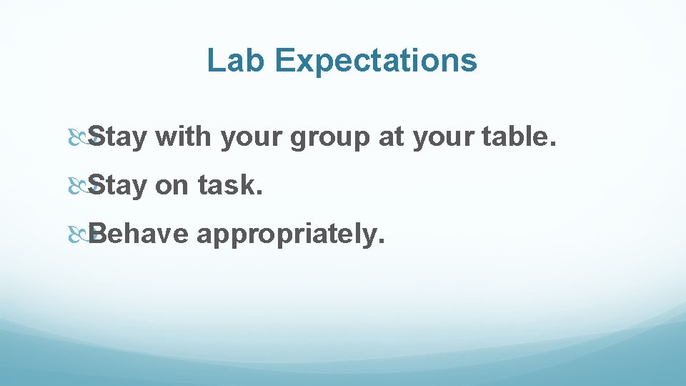 Lab Expectations Stay with your group at your table. Stay on task. Behave appropriately.