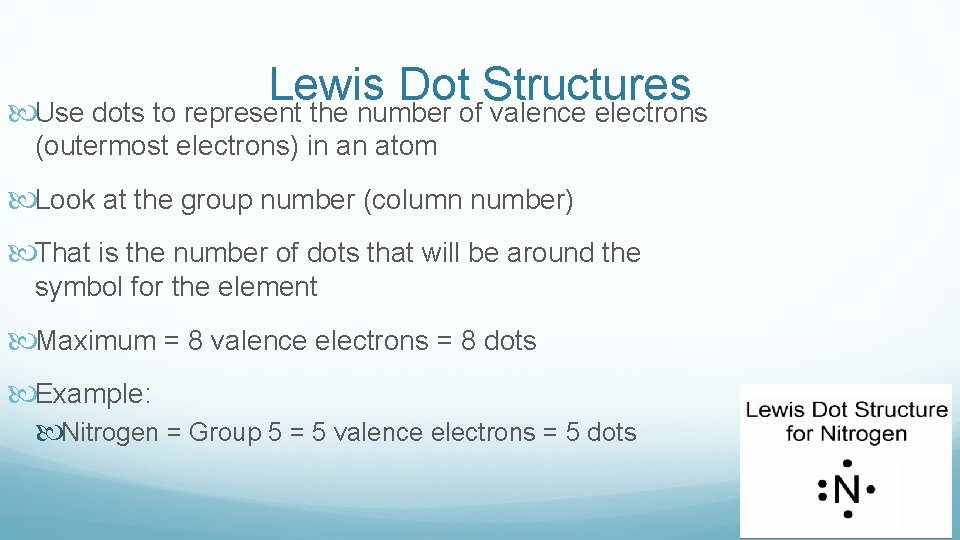 Lewis Dot Structures Use dots to represent the number of valence electrons (outermost electrons)