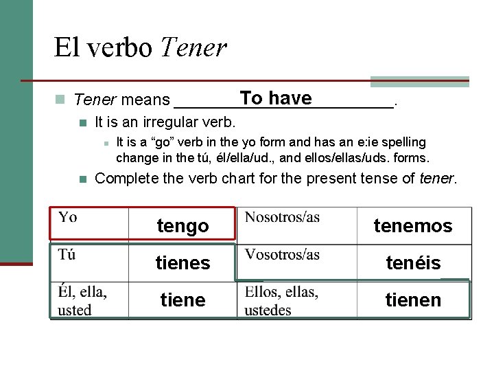 El verbo Tener To have n Tener means ____________. n It is an irregular