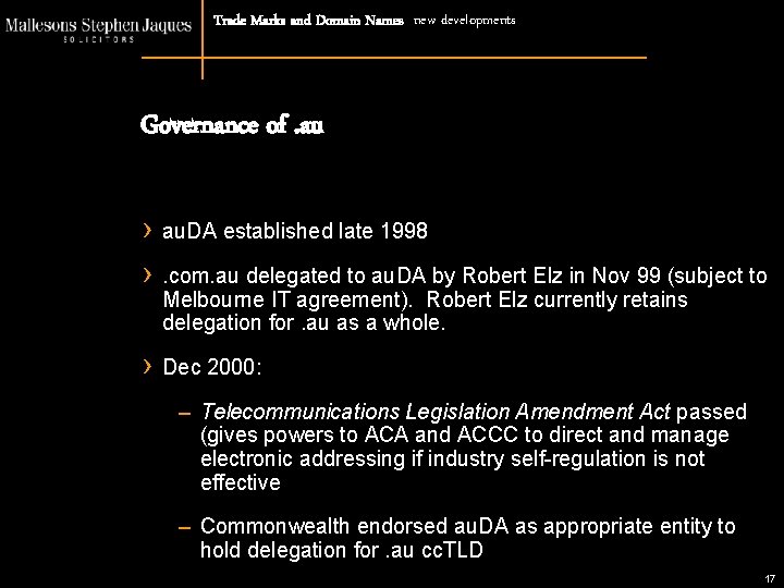 Trade Marks and Domain Names new developments Governance of. au › › au. DA