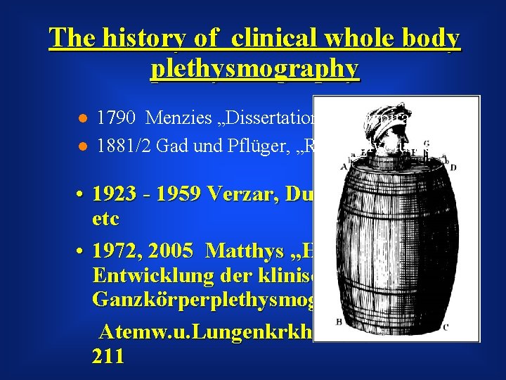 The history of clinical whole body plethysmography l l 1790 Menzies „Dissertation on Respiration“