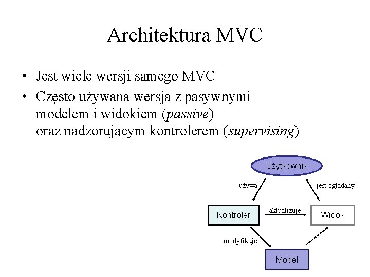 Architektura MVC • Jest wiele wersji samego MVC • Często używana wersja z pasywnymi