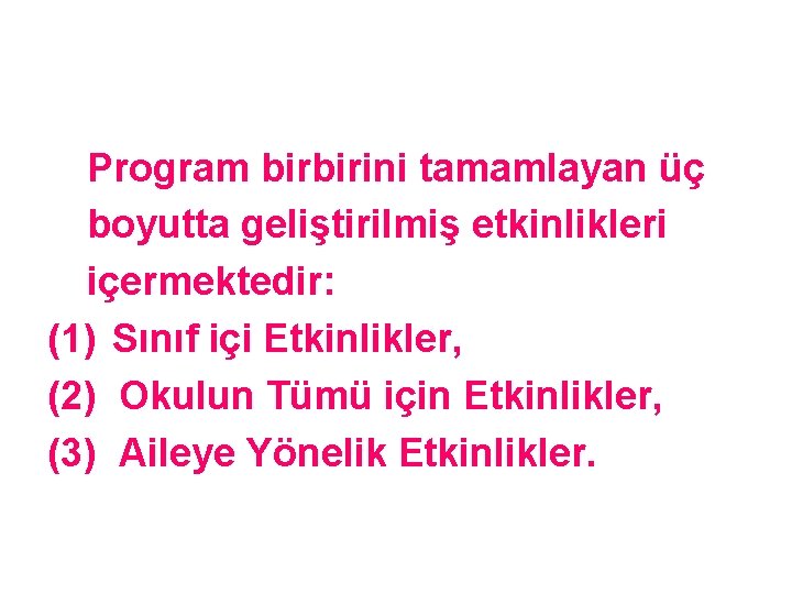 Program birbirini tamamlayan üç boyutta geliştirilmiş etkinlikleri içermektedir: (1) Sınıf içi Etkinlikler, (2) Okulun