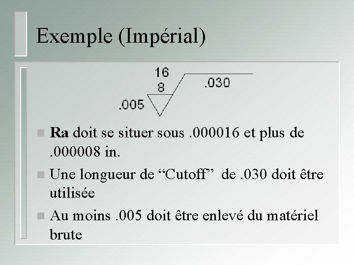 Exemple (Impérial) Ra doit se situer sous. 000016 et plus de. 000008 in. n