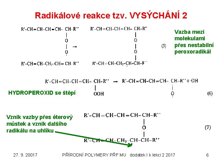 Radikálové reakce tzv. VYSÝCHÁNÍ 2 Vazba mezi molekulami přes nestabilní peroxoradikál HYDROPEROXID se štěpí