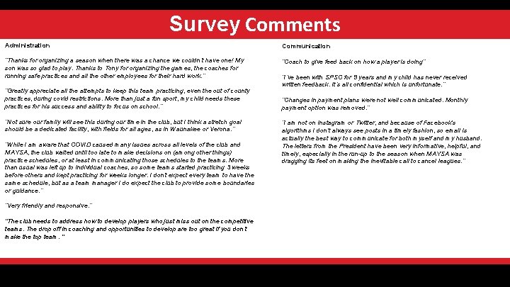 Survey Comments Administration Communication “Thanks for organizing a season when there was a chance