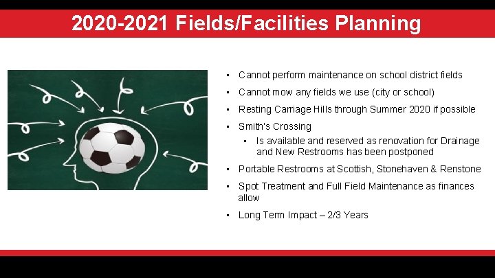 2020 -2021 Fields/Facilities Planning • Cannot perform maintenance on school district fields • Cannot