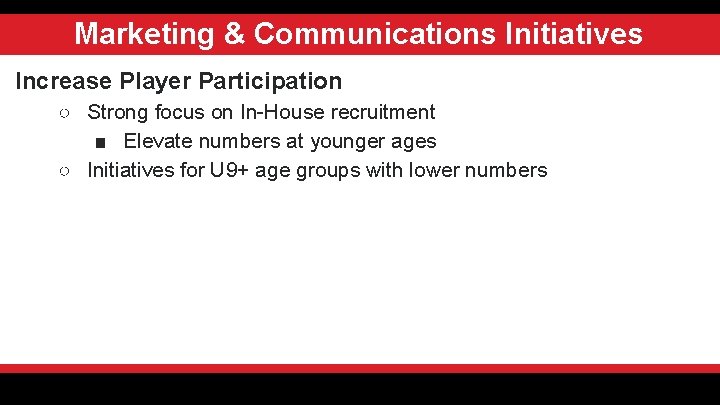 Marketing & Communications Initiatives Increase Player Participation ○ Strong focus on In-House recruitment ■