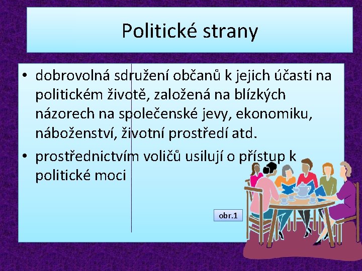 Politické strany • dobrovolná sdružení občanů k jejich účasti na politickém životě, založená na