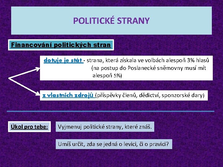 POLITICKÉ STRANY Financování politických stran dotuje je stát - strana, která získala ve volbách