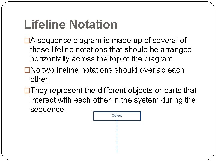 Lifeline Notation �A sequence diagram is made up of several of these lifeline notations