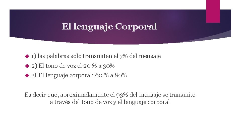 El lenguaje Corporal 1) las palabras solo transmiten el 7% del mensaje 2) El