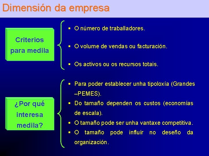 Dimensión da empresa § O número de traballadores. Criterios para medila § O volume