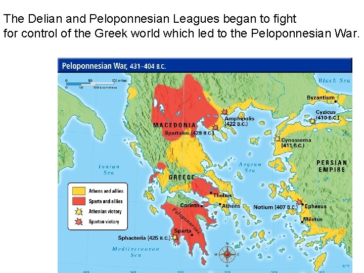 The Delian and Peloponnesian Leagues began to fight for control of the Greek world