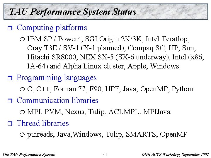 TAU Performance System Status r Computing platforms ¦ r Programming languages ¦ r C,