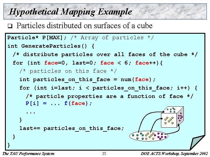 Hypothetical Mapping Example q Particles distributed on surfaces of a cube Particle* P[MAX]; /*