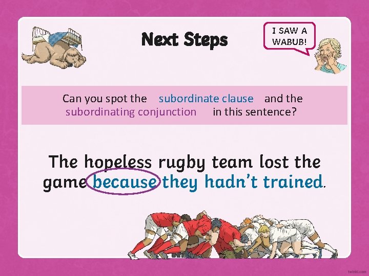 Next Steps I SAW A WABUB! Can you spot the subordinate clause and the