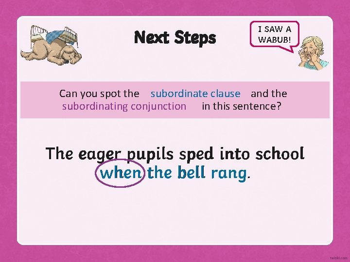 Next Steps I SAW A WABUB! Can you spot the subordinate clause and the