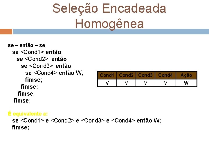 Seleção Encadeada Homogênea se – então – se se <Cond 1> então se <Cond