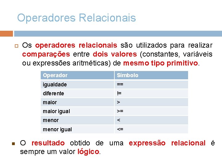 Operadores Relacionais n Os operadores relacionais são utilizados para realizar comparações entre dois valores