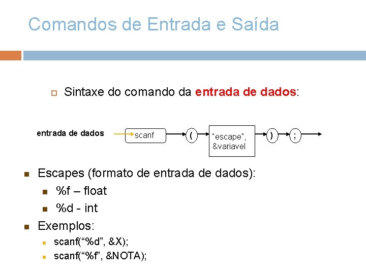 Comandos de Entrada e Saída Sintaxe do comando da entrada de dados: entrada de