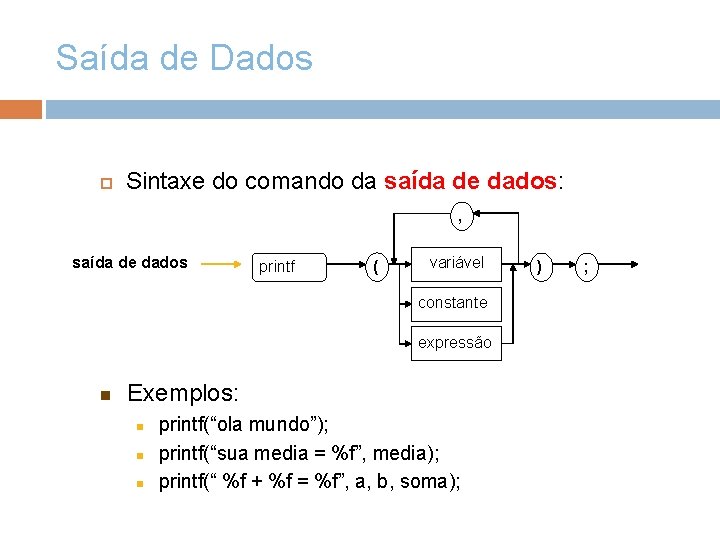 Saída de Dados Sintaxe do comando da saída de dados: , saída de dados