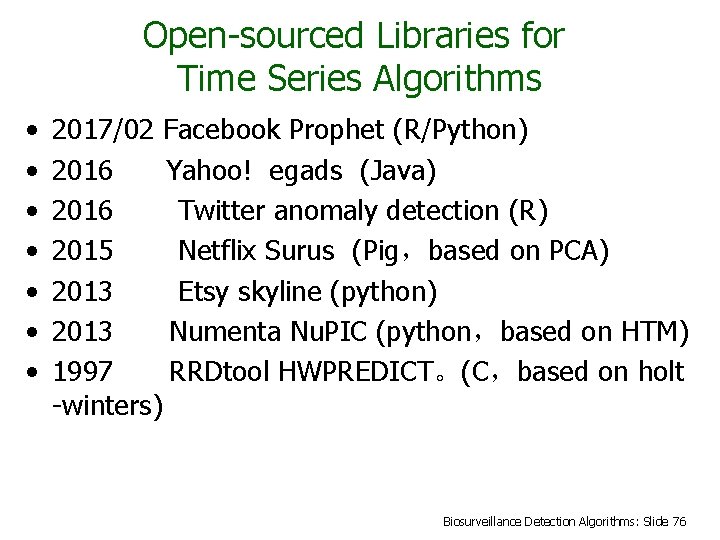 Open-sourced Libraries for Time Series Algorithms • • 2017/02 Facebook Prophet (R/Python) 2016 Yahoo!