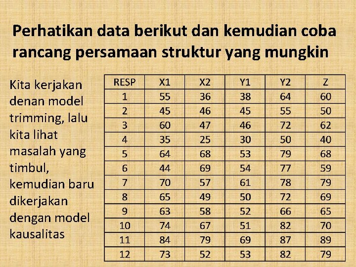 Perhatikan data berikut dan kemudian coba rancang persamaan struktur yang mungkin Kita kerjakan denan