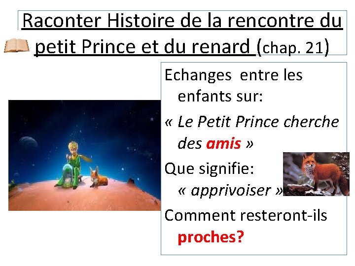 Raconter Histoire de la rencontre du petit Prince et du renard (chap. 21) Echanges