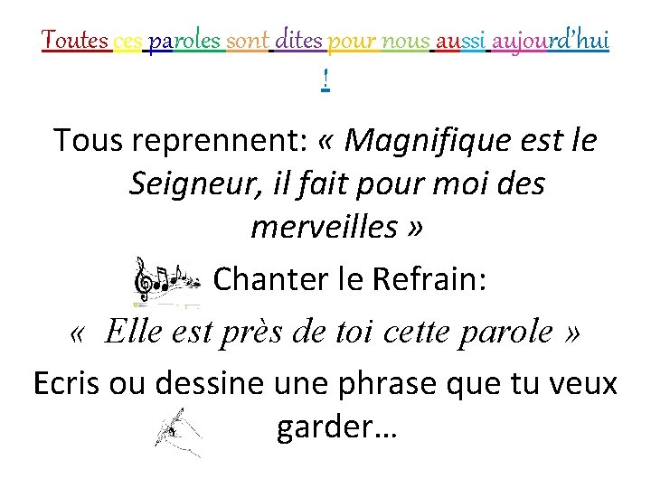 Toutes ces paroles sont dites pour nous aussi aujourd’hui ! Tous reprennent: « Magnifique