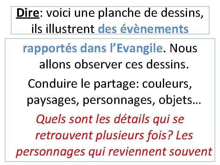 Dire: voici une planche de dessins, ils illustrent des évènements rapportés dans l’Evangile. Nous