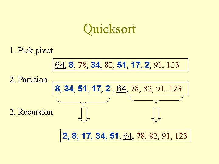 Quicksort 1. Pick pivot 64, 8, 78, 34, 82, 51, 17, 2, 91, 123