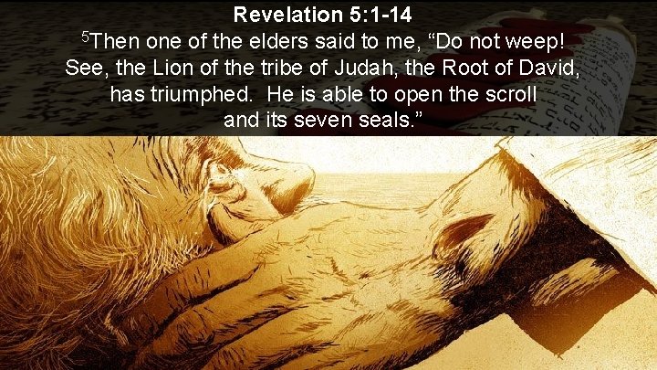 Revelation 5: 1 -14 5 Then one of the elders said to me, “Do