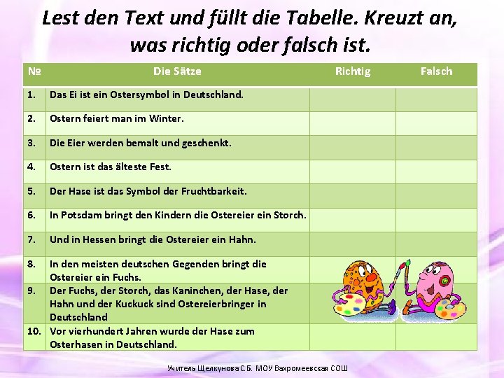 Lest den Text und füllt die Tabelle. Kreuzt an, was richtig oder falsch ist.