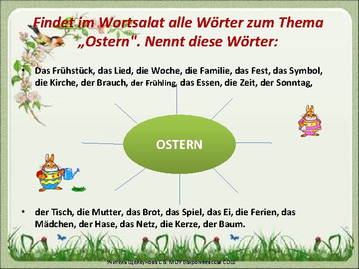 Findet im Wortsalat alle Wörter zum Thema „Ostern". Nennt diese Wörter: • Das Frühstück,