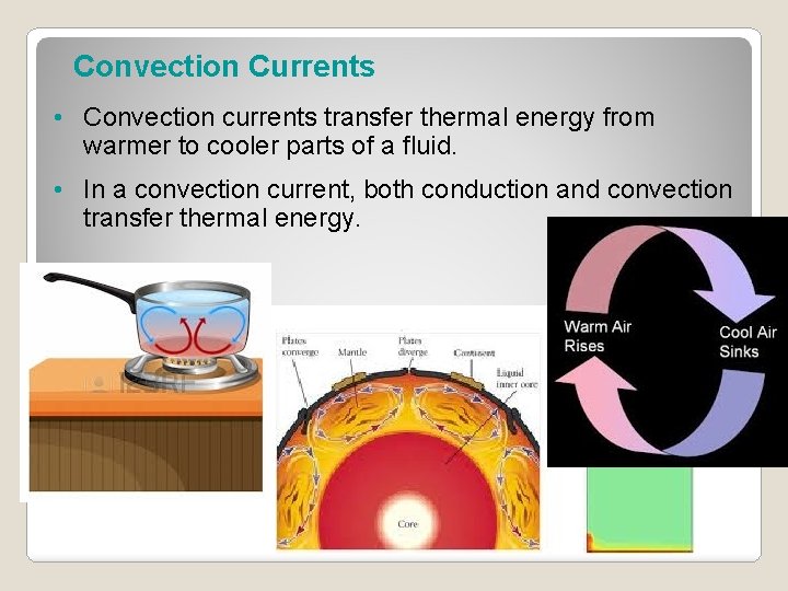 Convection Currents • Convection currents transfer thermal energy from warmer to cooler parts of